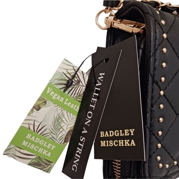 Badgley Mischka Quilted Wallet on a Chain Purse Black Crossbody Gold Studs Glam - Picture 8 of 16